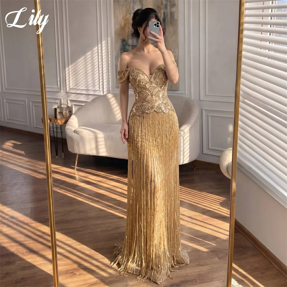 Lily Gold Prom Dress Crystal Beaded Bodice Celebrity Dress Off Shoulder Women's Evening Dresses Tassel Formal Gown Customized image 2