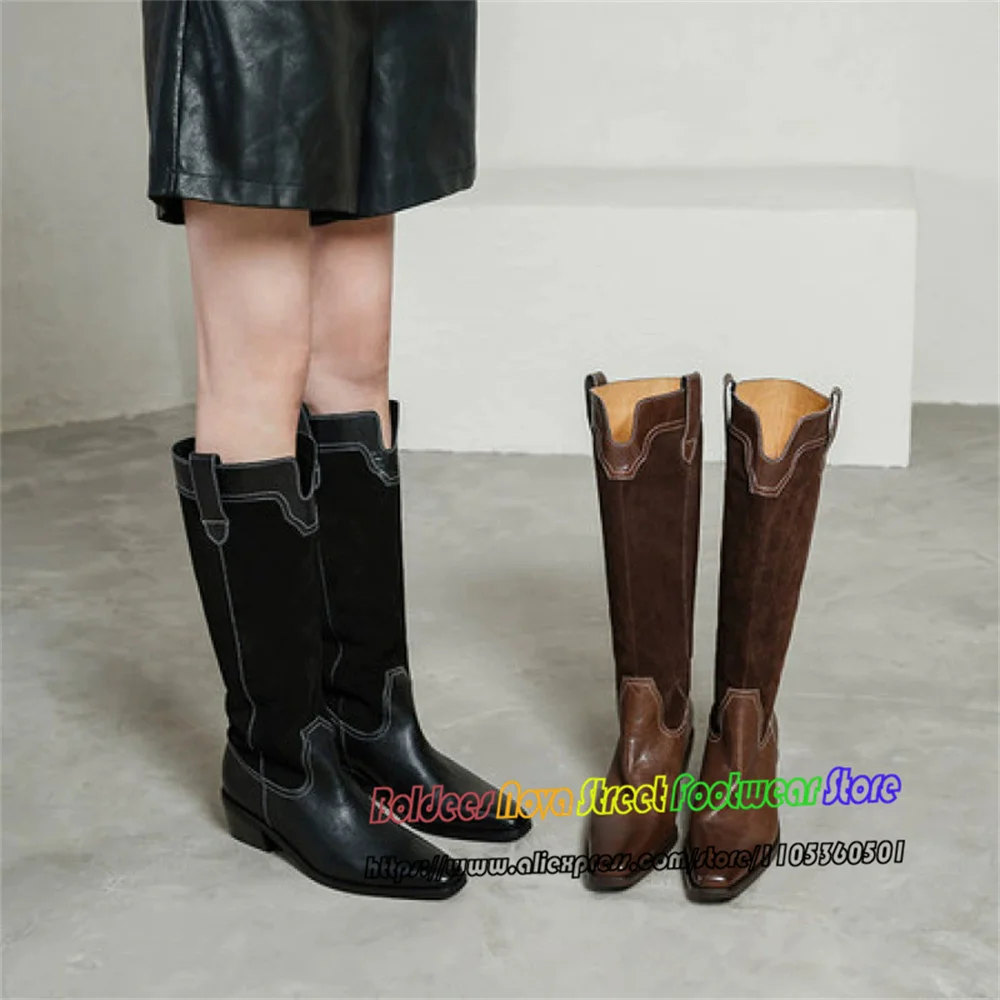 Leather Patchwork Western Long Boots for Women Square Toe Chunky Heel Knight Boots Retro V-Neck Medium Thick Heel Knight Boots
