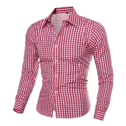 Red Plaid Printed Shirts For Men Long Sleeved Button Up Male Casual Slim Fit Shirts Tops New Fashion Men's Social Shirt Clothes