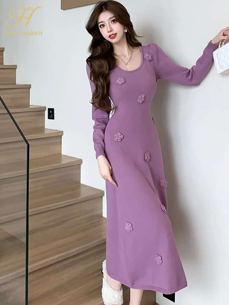 H Han Queen Autumn Winter Fashion Slim A-Line Long Dress Women Stretch Knit Party Office Dresses Basic Vestidos Woman Clothing