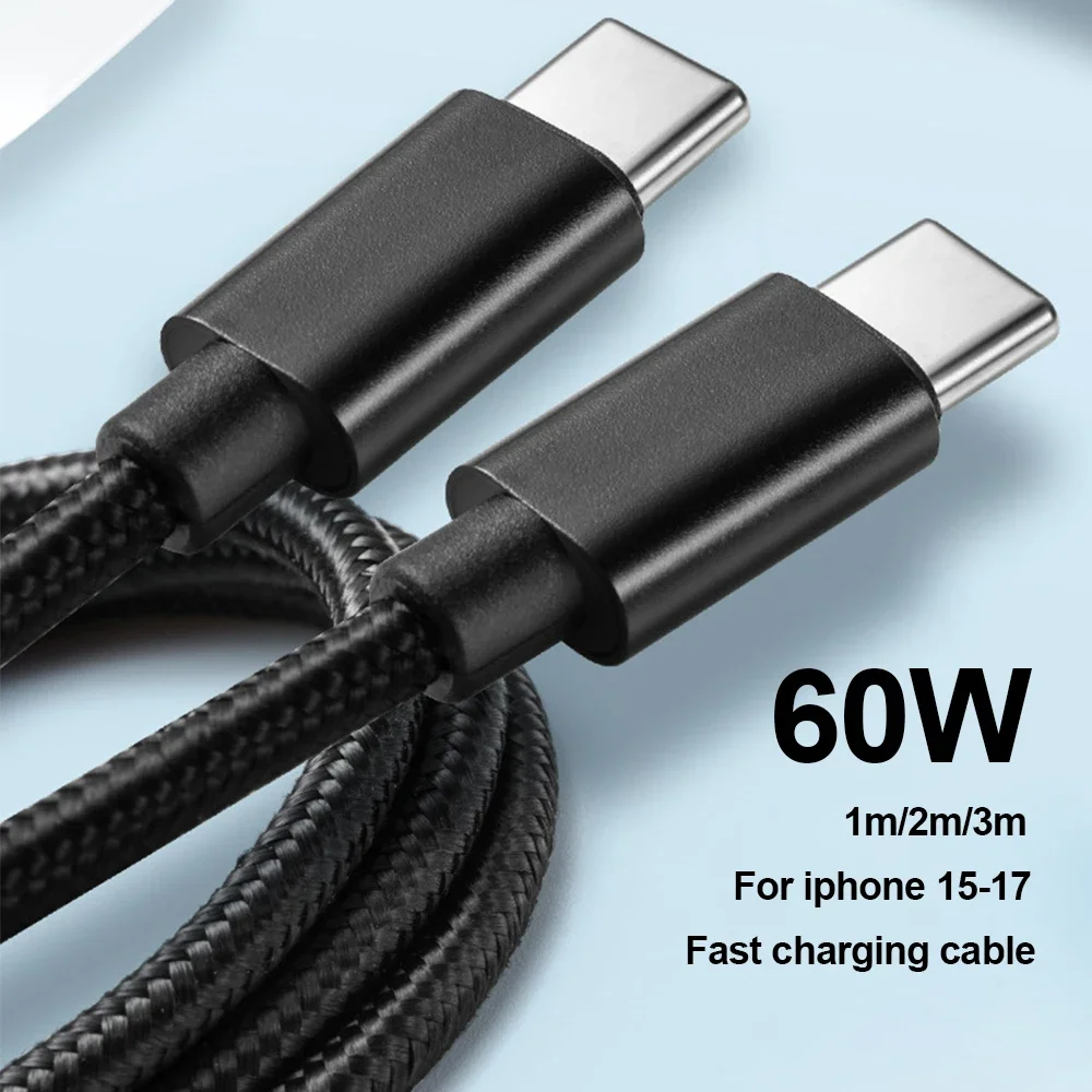 Type C Wire Braided 60W Charger Cable For iphone 15 16 17 pro max 1m 2m 3m Type C Fast Charge Cable for Samsung Xiaomi Huawei