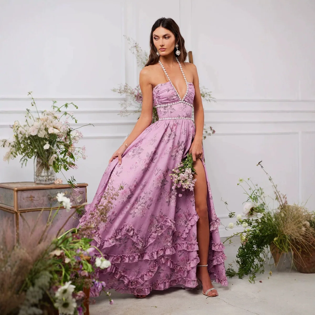 Women's Fashion Flower Print Bead Chain Halter Neck Long Dresses Sexy V-neck Backless Leace-up Slit Dress Lady Party Vestidos view 2