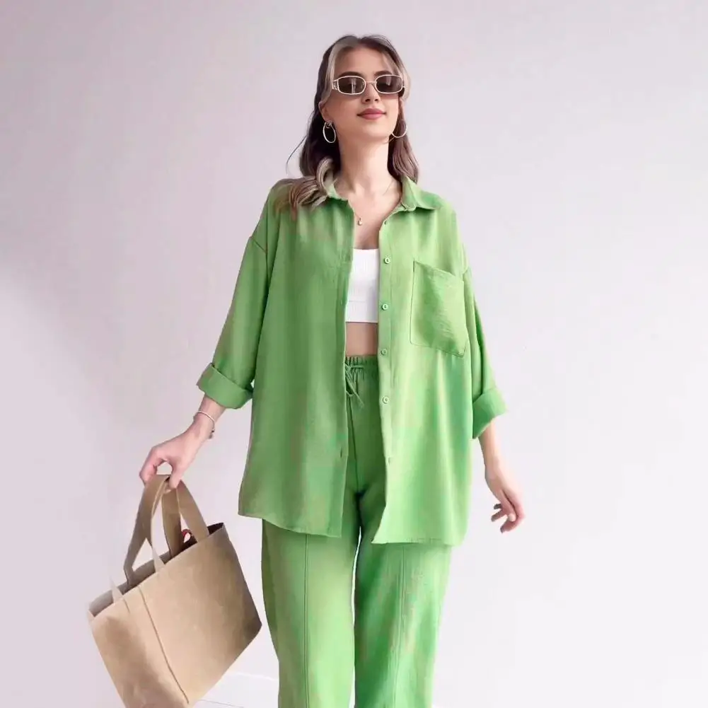Elastic Waist Trousers Set Stylish Women's Shirt Pants Set with Lapel Collar Chest Pocket Casual for Fashionable for Women