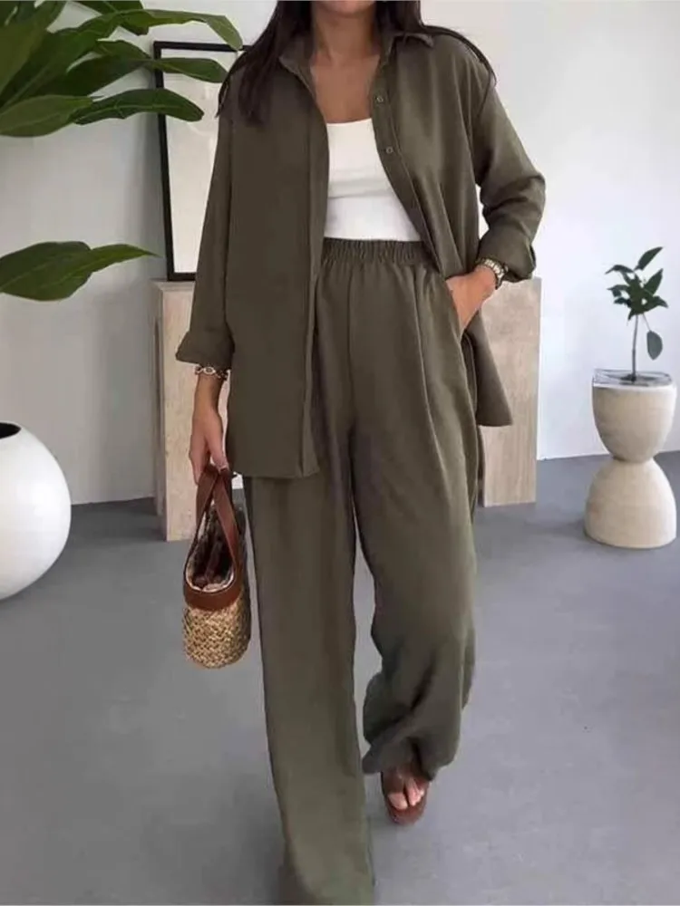 Casual Y2k Woman's Spring PantsTwo-piece Sets Fashion Single-row Buckle Flip Collar Shirt Loose Pants Suit Ladies Autumn Outfit