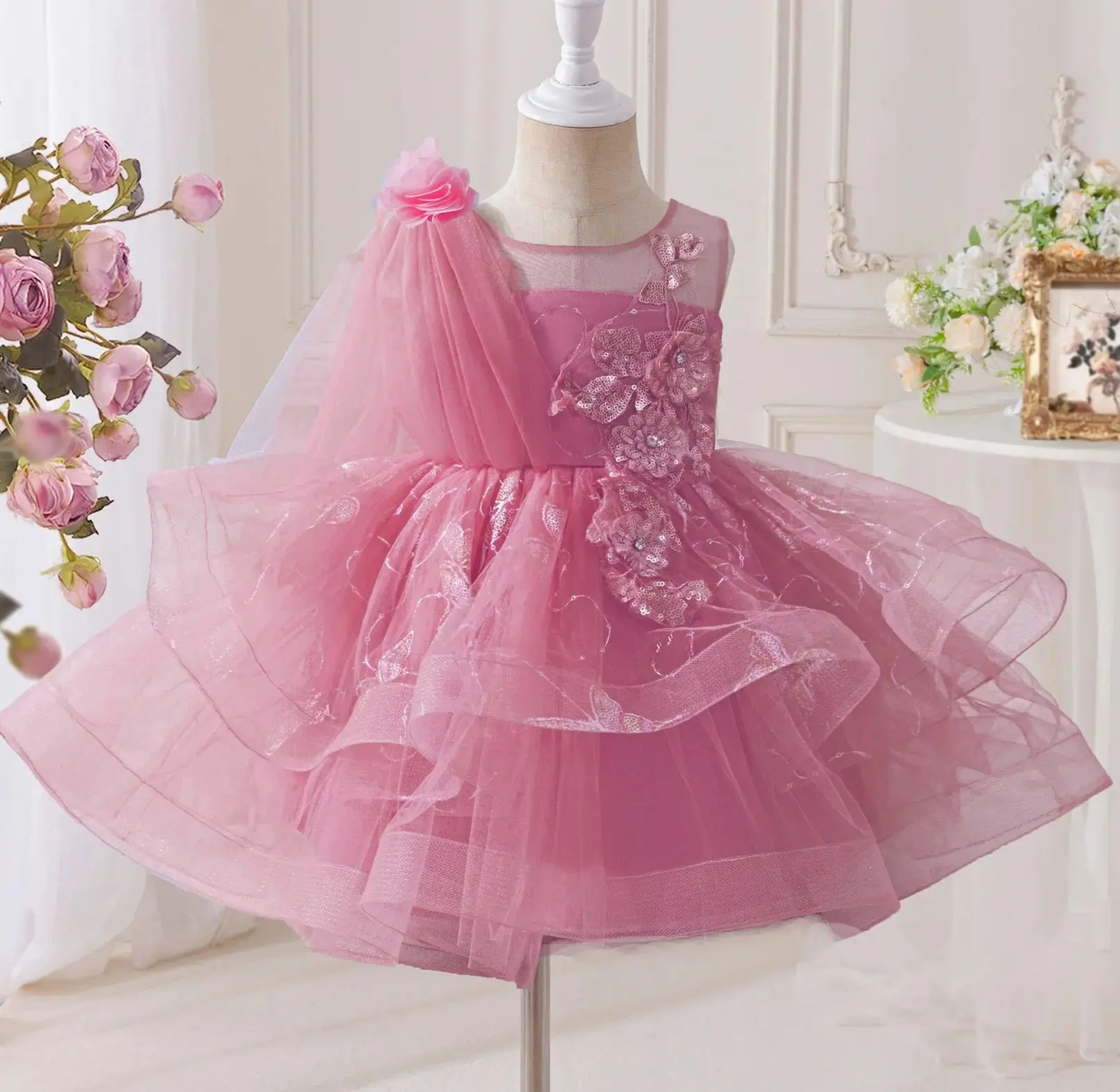 New Elegant Girl Party Dress Ball Gown Dancing Layered Girly Dresses Tutu Child Clothes Tulle 3 to 10 T