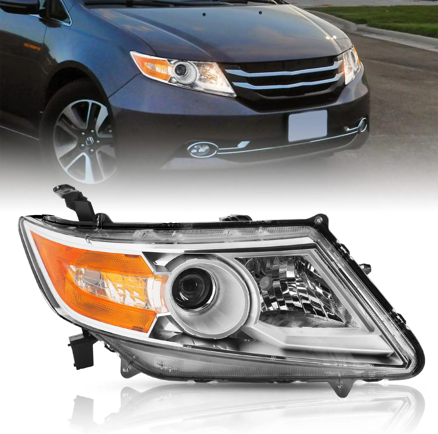 

Headlight Assembly Replacement for 2011-2017 Honda Odyssey [Halogen Type] OEM Projector Chrome Amber Corner Headlamp (Right Pass