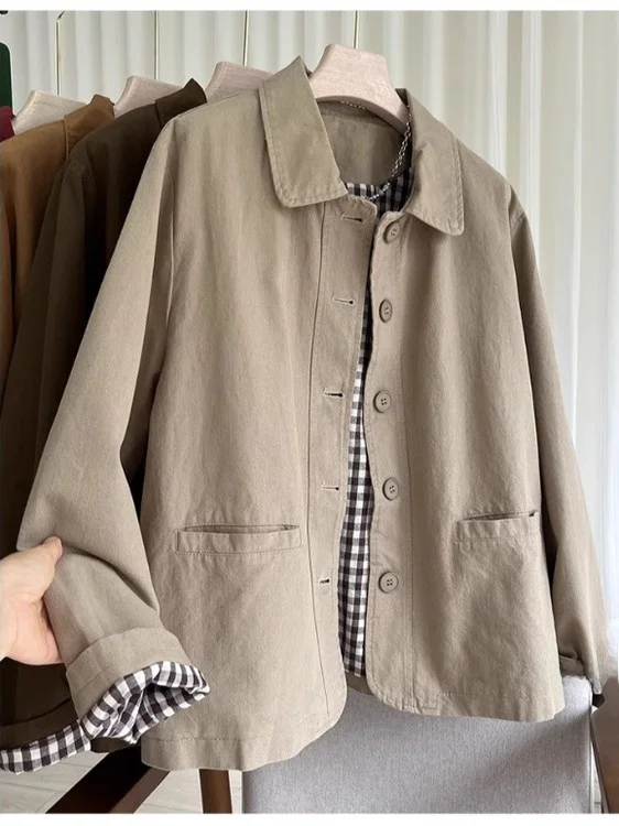 

Khaki Loose Fit Shoulder Lengthened Jacket Women's Casual Style Cotton Blend Spring Autumn New Fashion Open Cardigan Top