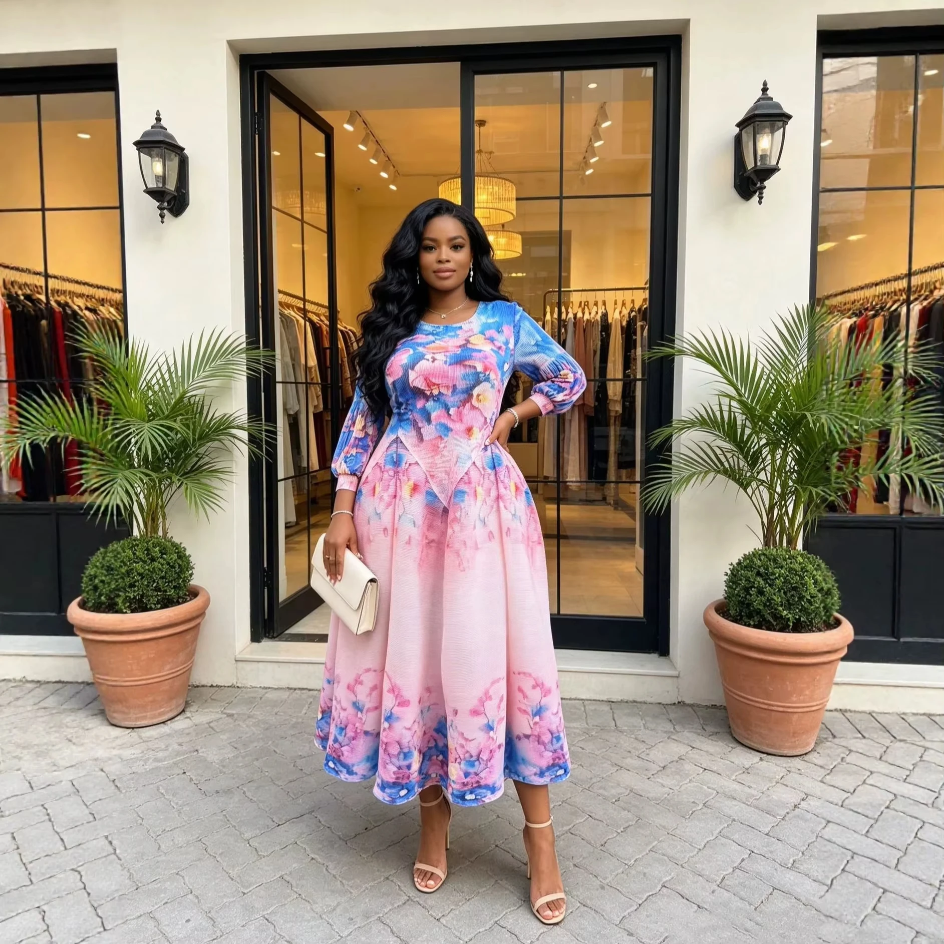 ANLAN Miyaki Pleated Women Pink Floral Print Midi Dress O-Neck Puff Three Quarter Sleeve Flare A Line Mid Length Dresses 2AN9613