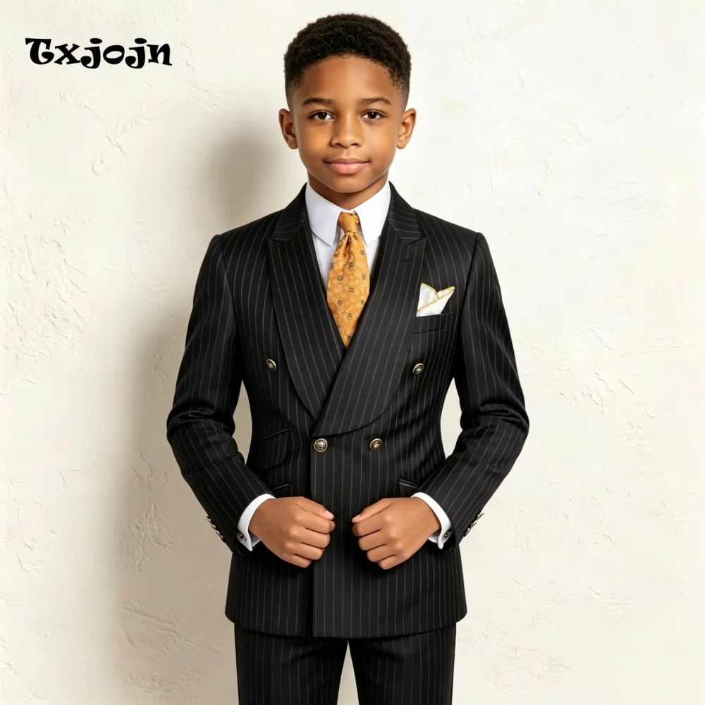 Formal Boys Suit Fashion Stripe Homecoming Tuxedos 2-piece Set Trend Peak Collar Jacket Double Breasted Blazer Pants for Party