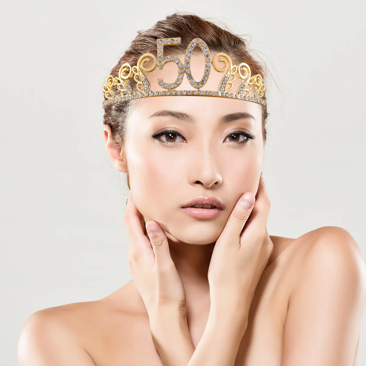 50Th Birthday Crystal Rhinestone Tiara Crown with Combs for Women Elegant Hair Accessory Dance Party Gift Gold