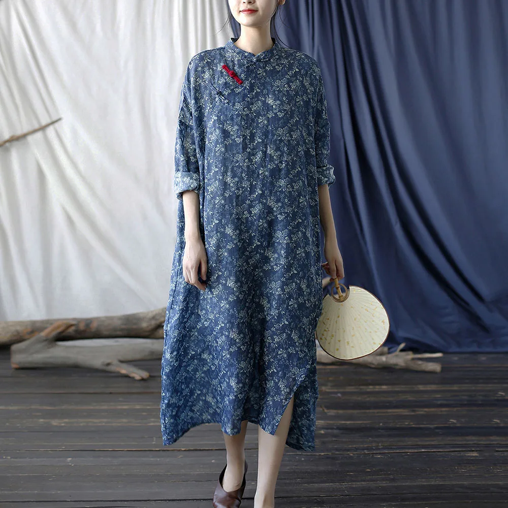 

Women's Loose Lightweight Ramie Dress Long Sleeves Floral Printing Stand Collar Mid-Calf Long Vintage Qipao Chinese With Pockets
