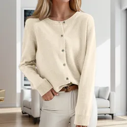 Solid Color Knitted for Women Cardigan Korean Single Breasted Long Sleeve Jumper Woman Round Neck All Match Cardigans Outwear