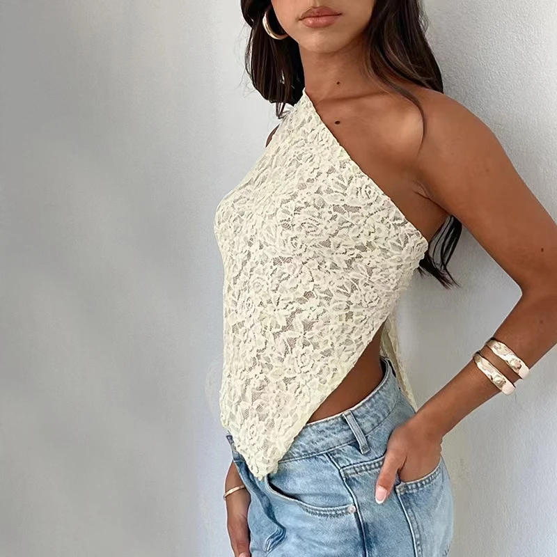 Summer New Fashionable Solid Color Amazon Lace Open Waist Asymmetric Slant Neck Luxury Top for Women