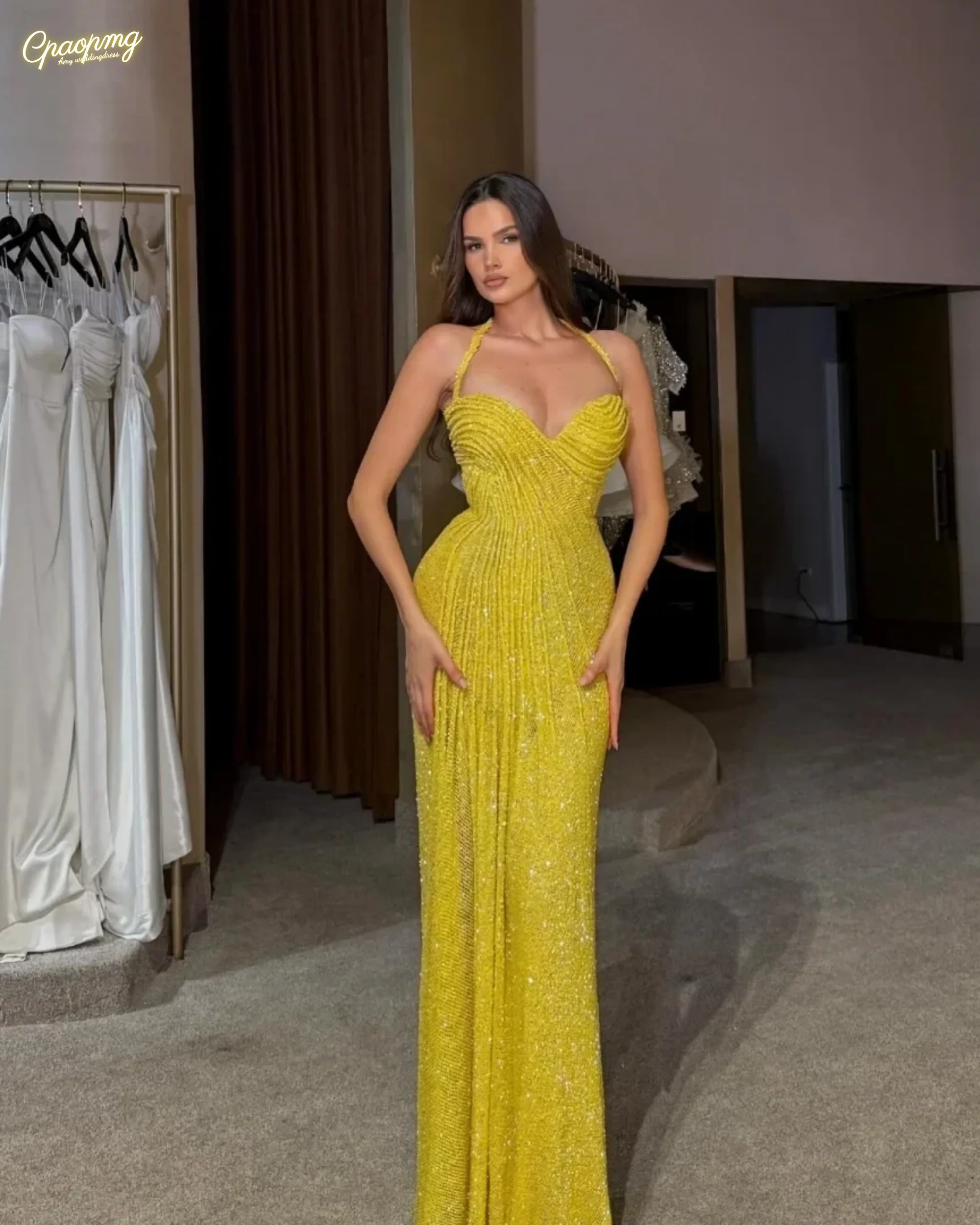 

Индивидуальные новые блестящие желтые бретельки на шее, роскошные женские вечерние платья русалки высокого качества, сексуальное свадебное длинное вечернее платье, Vestidos