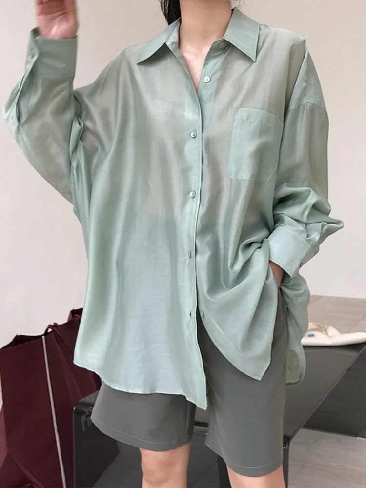 Twotwinstyle Casual Shirt Voor Vrouwen Revers Kraag Lange Mouw Minimalistische One Size Losse Shirts Vrouwelijke 2020 Zomer Kleding Nieuwe