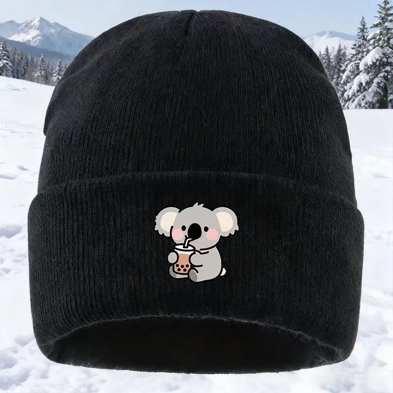 Koala Bubble Tea Print Beanie Unisex Winter Knit Hat Warm Casual Ski Outdoor Hat for Adults