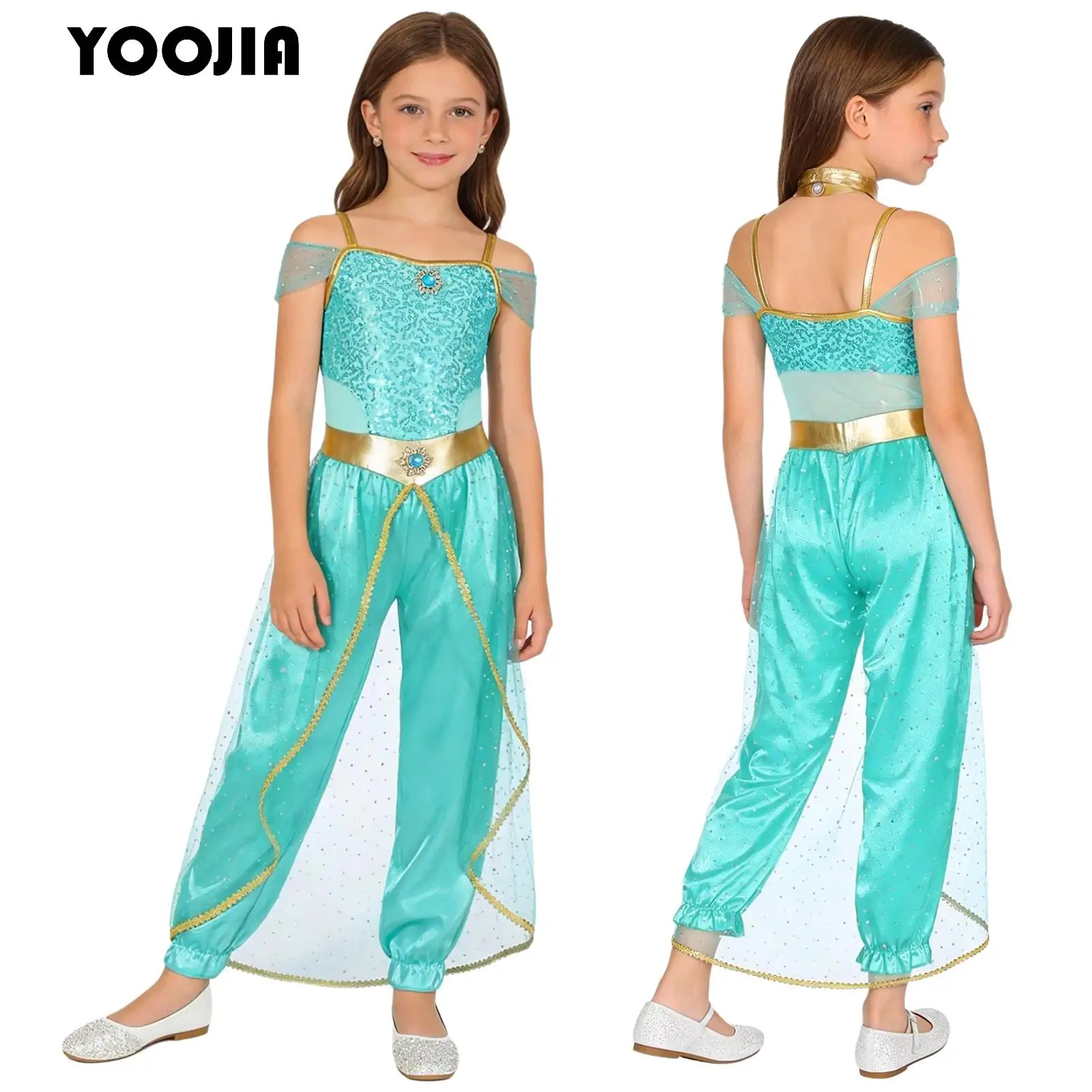 Girls Festival Arabian Princess Costumes Kids Indian Belly Dance Rhinestones Sequin Tulle Overlay Jumpsuit Halloween Dress Up