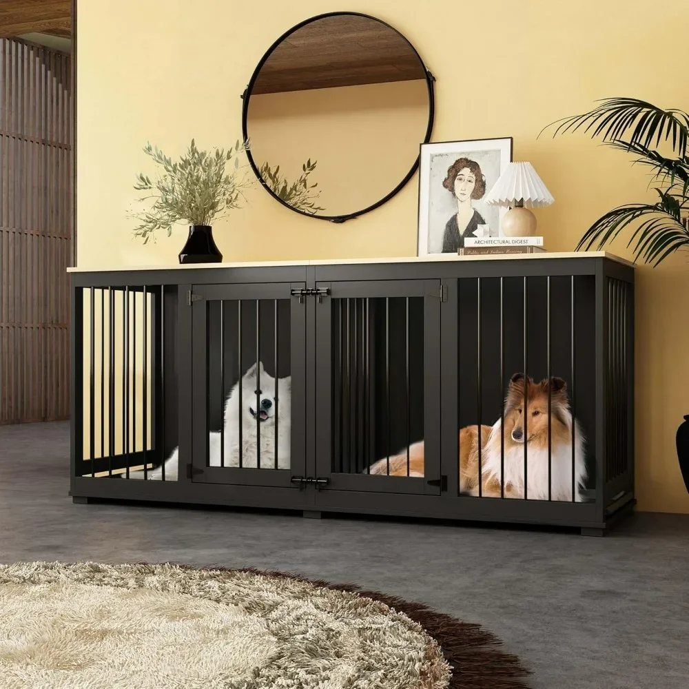 

Dog Crates, Heavy Duty Wooden Kennel with Tray & Removable Divider for 2 Dogs, Indoor Style Pet Crate House TV Stand, Dog Crates