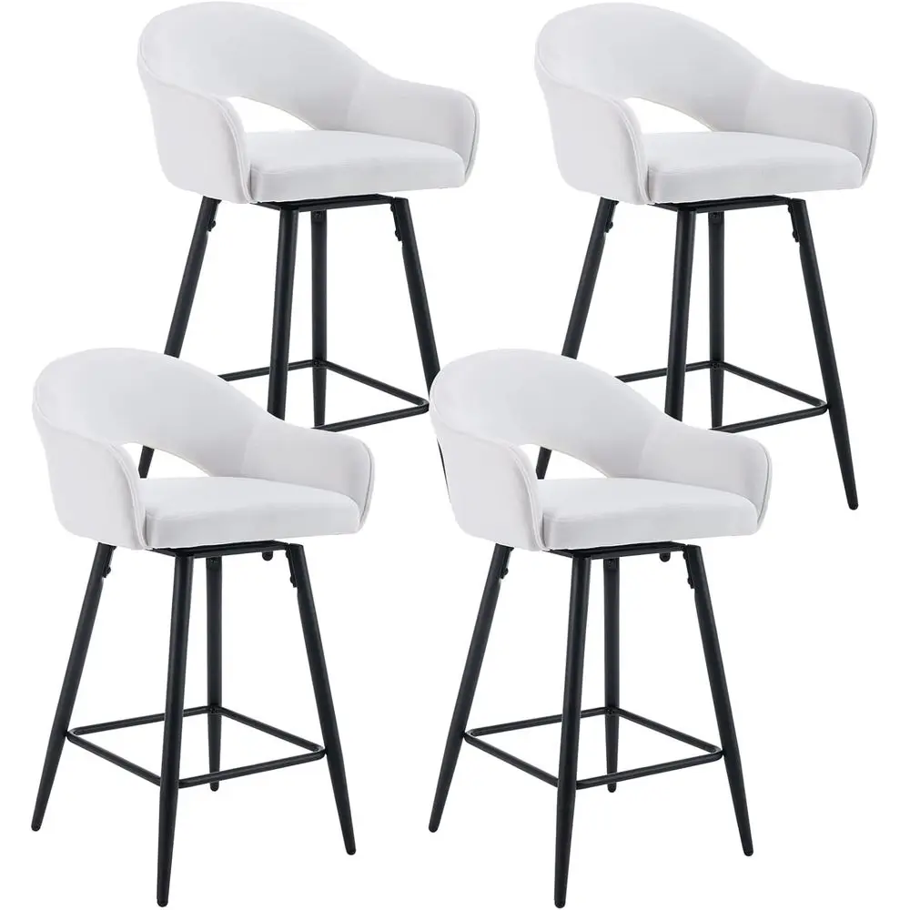 

Set of 4 Velvet Upholstered Swivel Bar Stools, 26 High for Kitchen Island, Black Metal Legs, Suitable for Home or Bistro, White