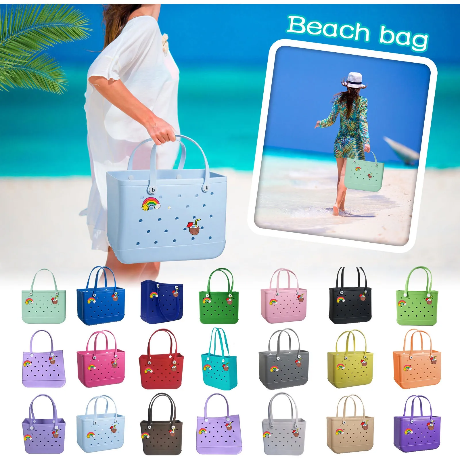 

Portable Picnic Storage Basket Travel Outdoor Rubber Waterproof Wear-resistant Beach Bag With Stickers Women Shopping Handbag