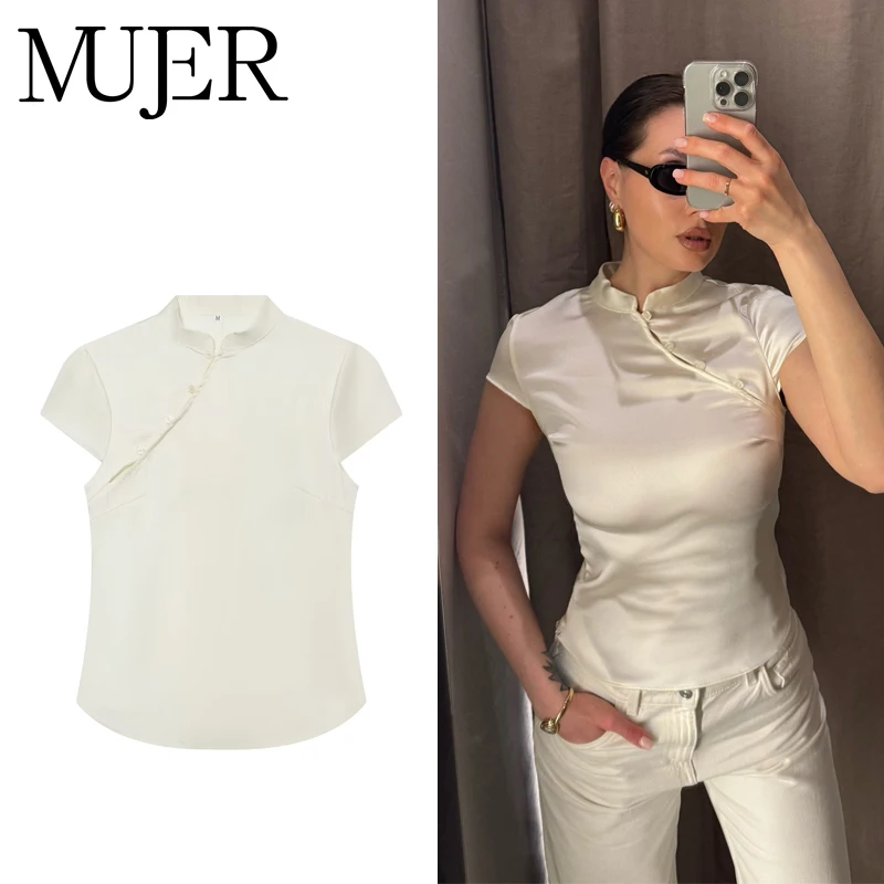 MUJER 2026 Satin-Tanktops für Damen Kurzarm Sommer Damen-Oberteile Streetwear Urlaubstop Damen Vintage-Knopfoberteil