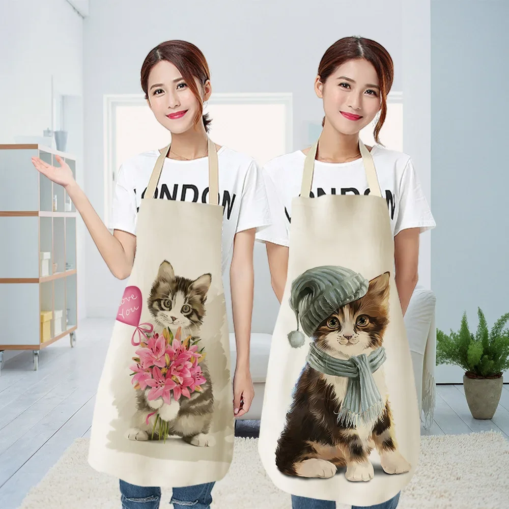 Cute Cat Kitchen Sleeveless Aprons For Women Cotton Linen Bibs Household Cleaning Pinafore Home Cooking Apron 55x68cm