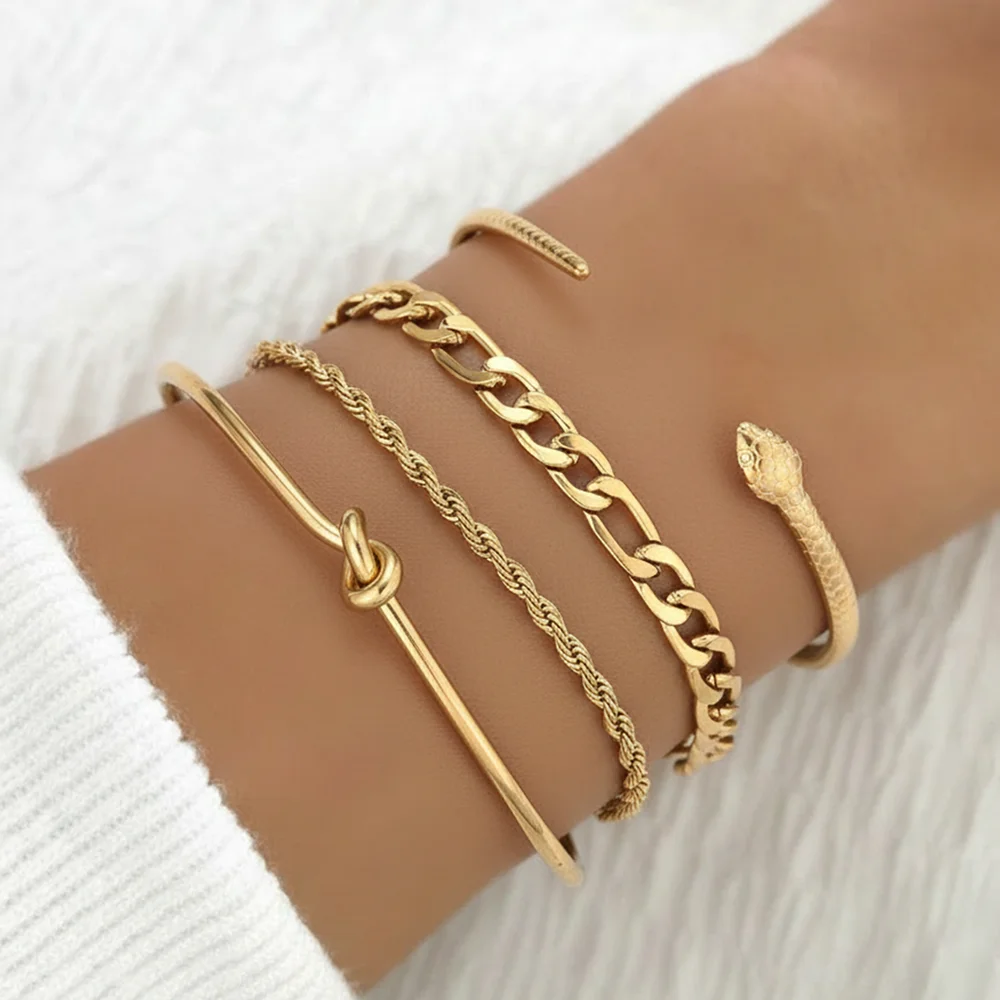 DGIDDK Stainless Steel Snake-Knot Open Bangle Minimalist Punk Chain Bracelet Luxurious Multi-Layer Stackable Wrist Jewelry Set