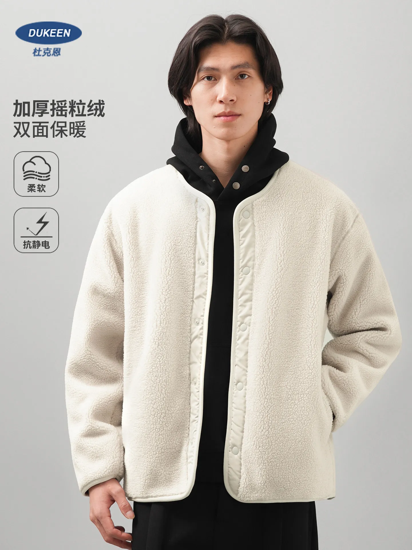

Мужская теплая зимняя куртка-кардиган DUKEEN из плотного флиса шерпа без воротника, на молнии, без подкладки, для повседневной носки