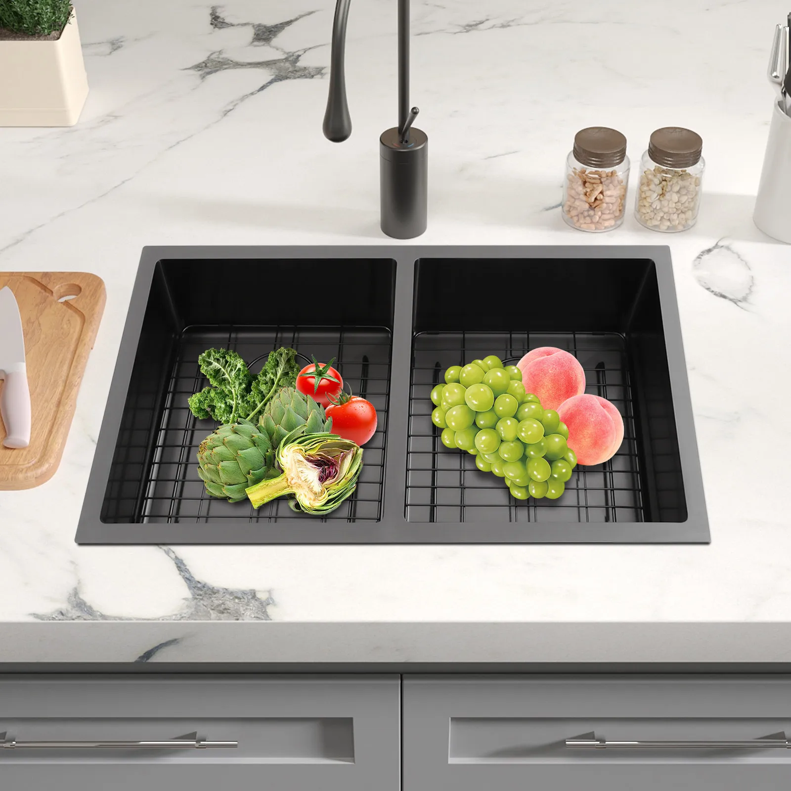 

31x18 Black Double Bowl Kitchen Sink 304 Stainless Steel Undermount Sink with Grids and Drainers