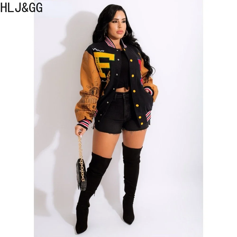 HLJ&GG Autumn Casual Letter Printing Baseball Jacket Women Button Long Sleeve Pocket Patchwork Coat Female Loose Streetwear 2023