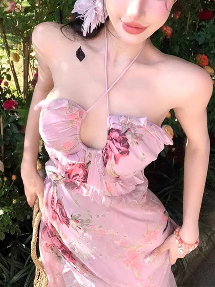 

Сексуальное длинное платье XZY для полных женщин, розовое, с цветочным принтом, повседневное, облегающее, из полиэфирного волокна, весна-лето
