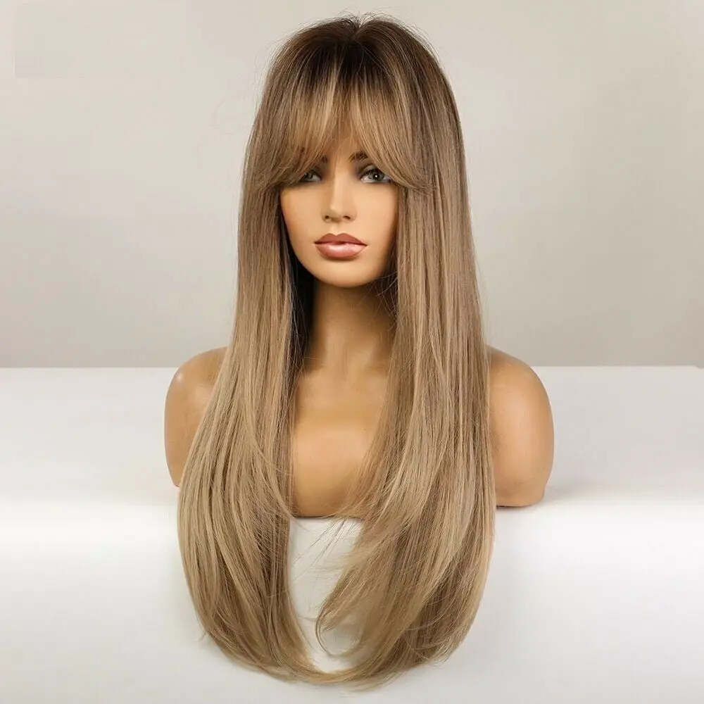 Long Straight Ombre Brown Synthetic Wig with Bangs for Women Wigs Fanshion Daliy