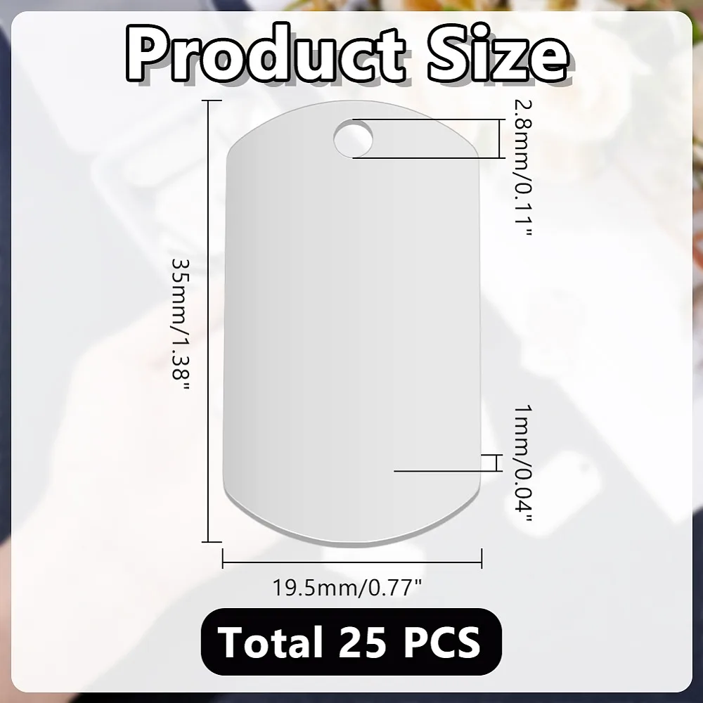 

25Pcs 201 Stainless Steel Stamping Blank Tag Pendants Rectangle Charm Anti-Stainless Steel Color 35x19.5x1mm Hole: 2.8mm