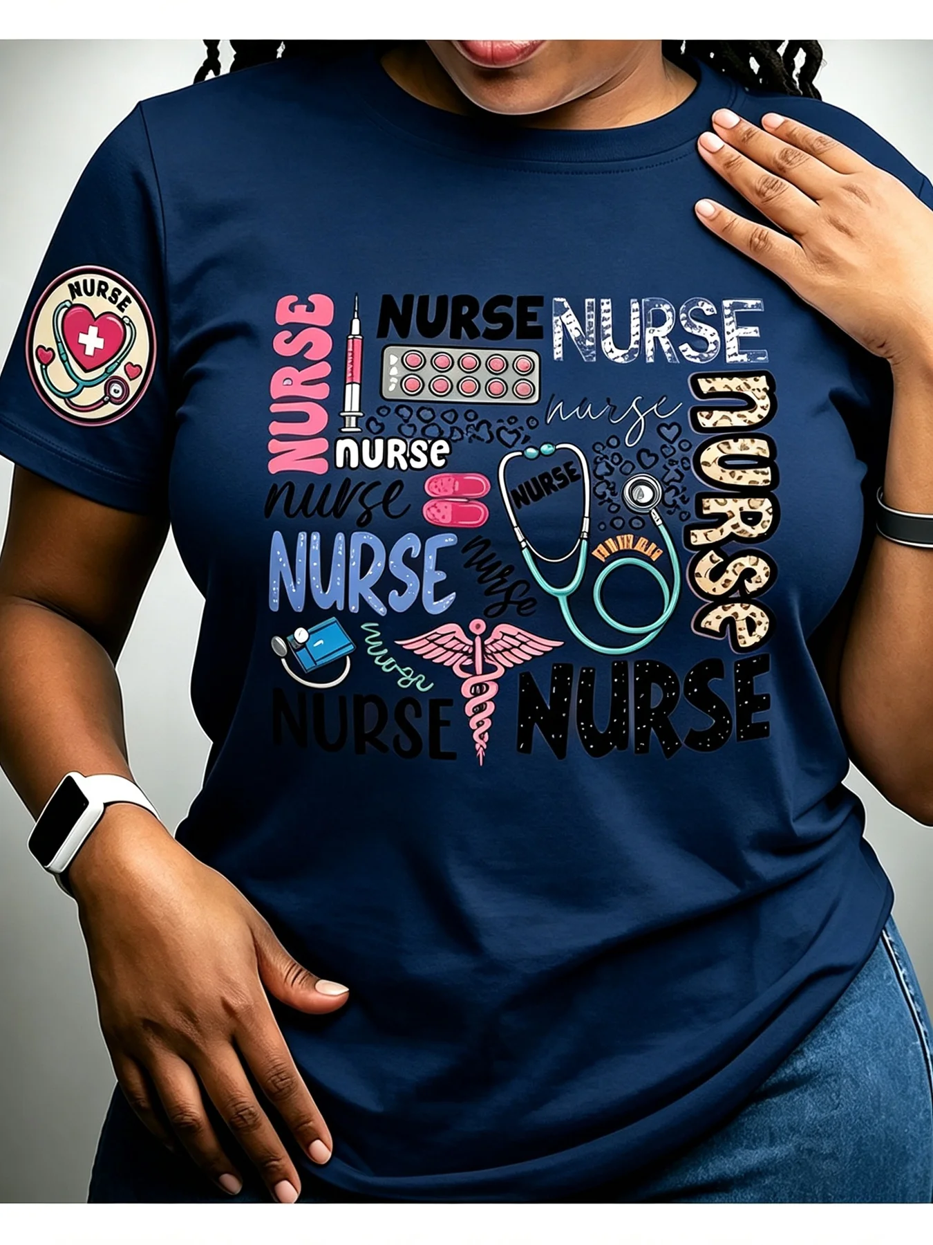 Nurse Themed Printed Women's Summer Short Sleeved T-shirt Stethoscope Syringe Medical Elements Creative Letter Pattern Top