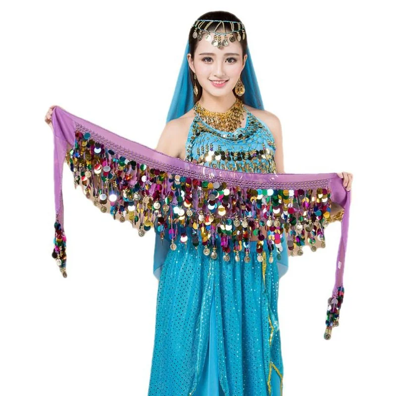 Adult Bling Coin Belly Dance Wrap Belt Colorful Women Sequins Bellydance Hip Scarf Costumes for India Oriental Dancing Outfit