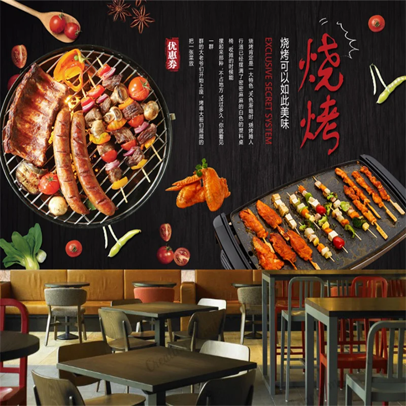 Custom Barbecue Kebab Skewers Mural Industrial Decor Wallpaper Restaurant Snack Bar Background Wall Paper Papel De Parede 3d