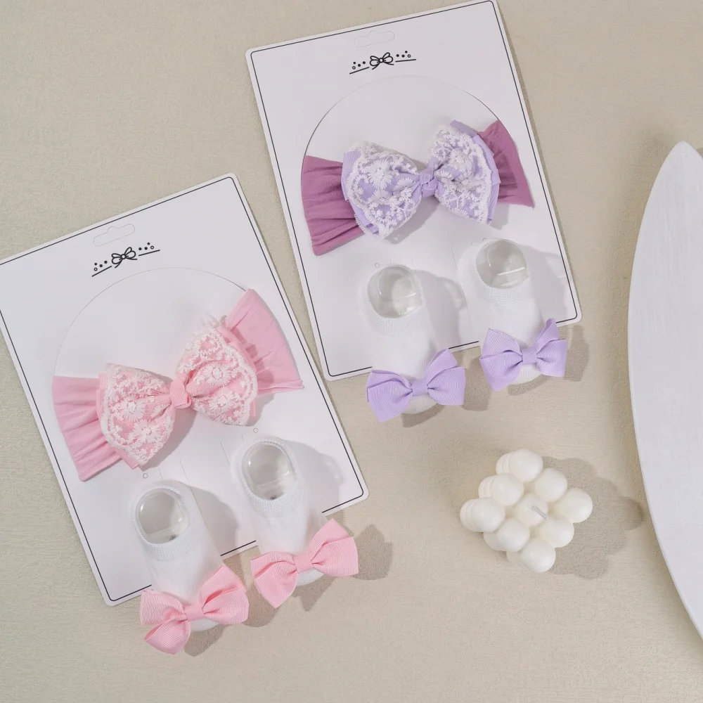 

3Pcs/Set Lovely Lace Ribbon Bows Baby Headbands&Socks Newborn Princess Girls Soft Eastic Hairbands Kids Headwear Photo Props