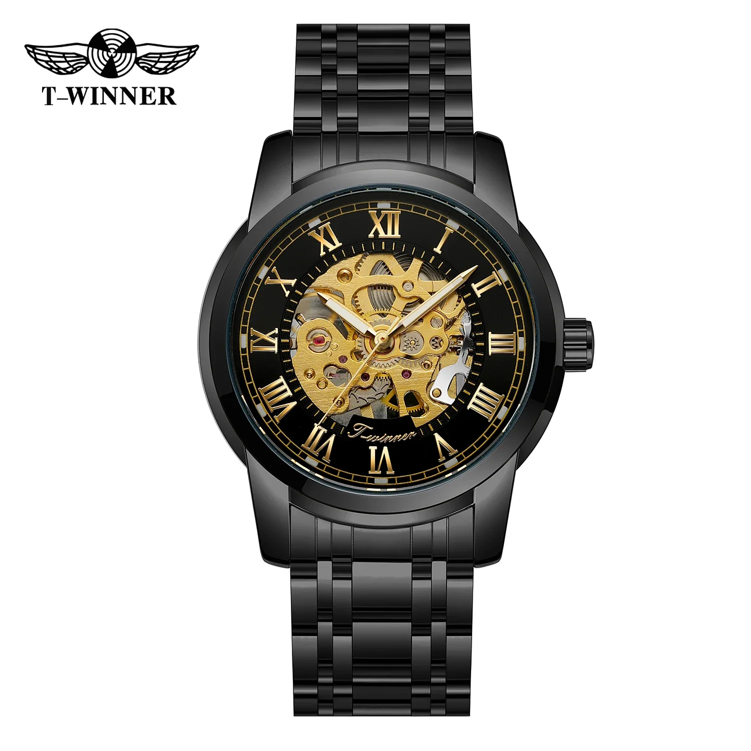 

T-Winner Mechanical Men Watch Skeleton Flywheel Waterproof Hollow Out Stainless Steel Band Lover Watches For Husband BoyFriend