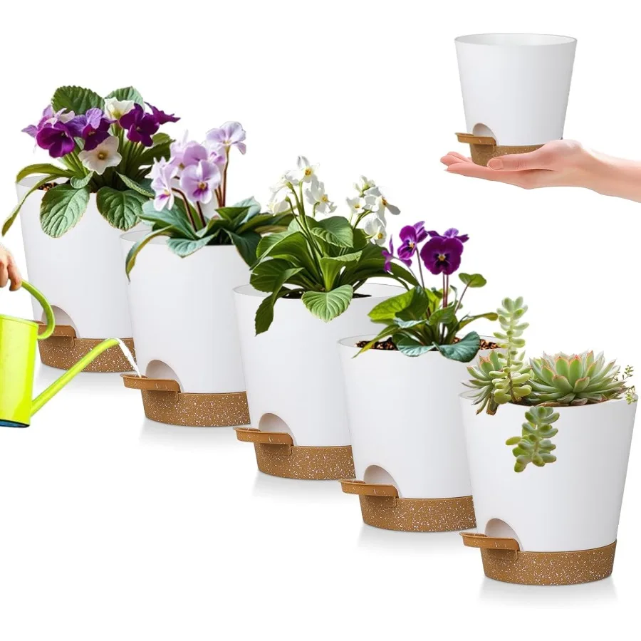 

5 упаковок 5-дюймовых горшков для самостоятельного полива, кашпо для африканских фиалтей с дренажными отверстиями и резервуаром, современный пластиковый кашпо для использования в помещении