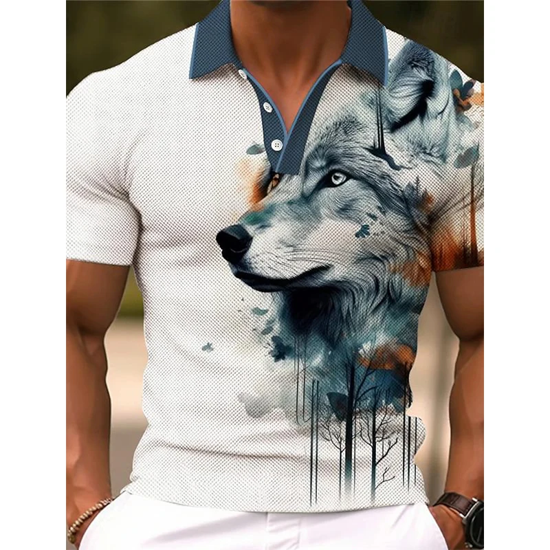 Animal Lion Pattern Printed Polo Shirt For Men Sportswear Outdoor Work Street Short Sleeve Turndown Button Polo Shirts Tee Tops