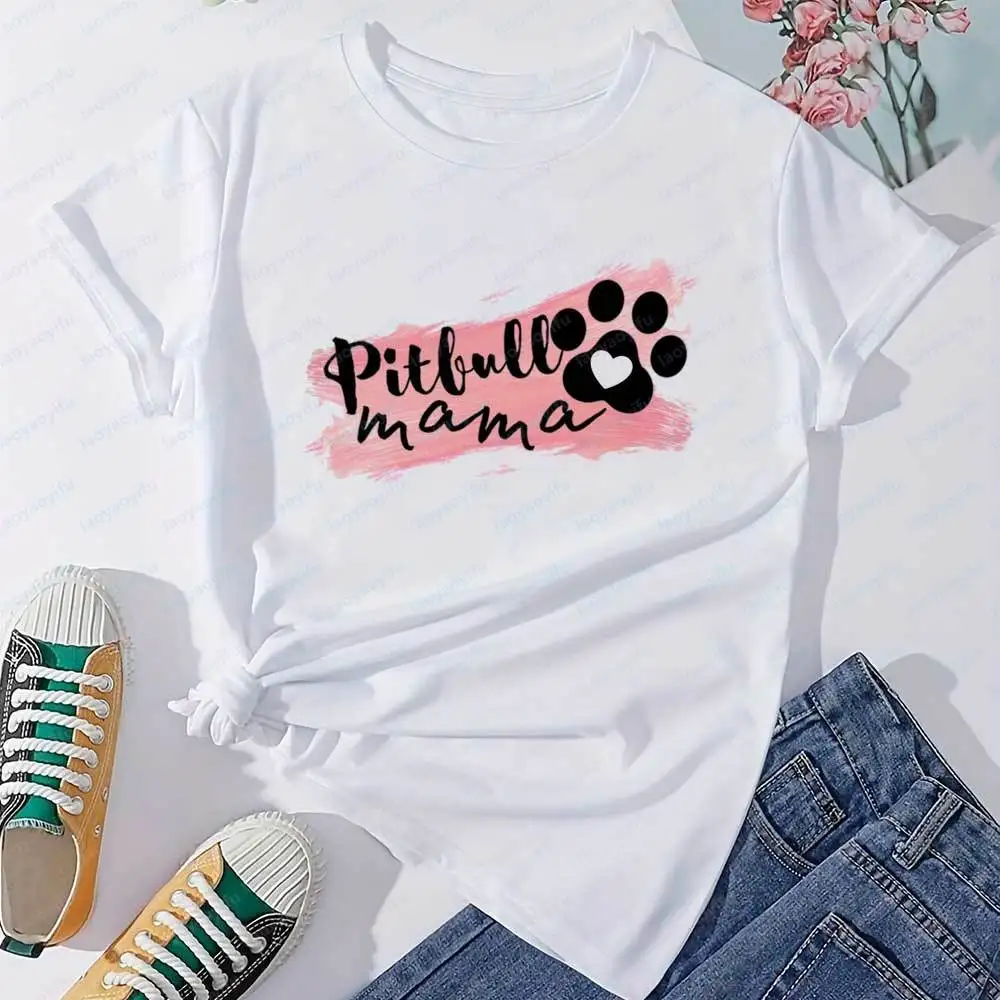 Pitbull Mama T-Shirt Women Paw Print & Pink Brush Stroke Graphic Casual Short Sleeve Cotton Tops Cute Dog Mom Pet Lover Shirts