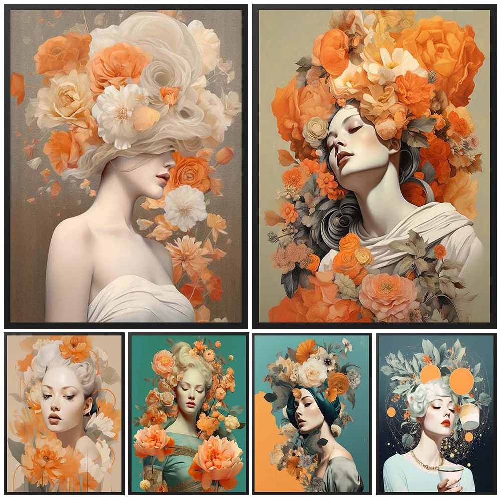 

Modern Girl Woman Portrait Flower Headwear Poster Wall Art Canvas Painting Home Decor Wall Pictures For Living Room Unframed