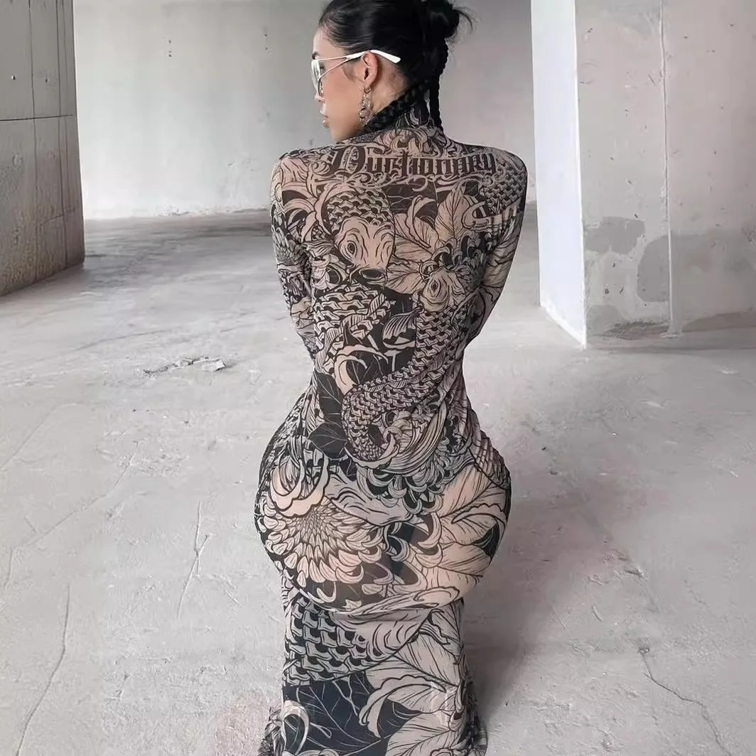 Odzież damska 2025 jesień nowa moda siatkowy nadruk przezroczysty wysoki kołnierz slim fit sukienka damska