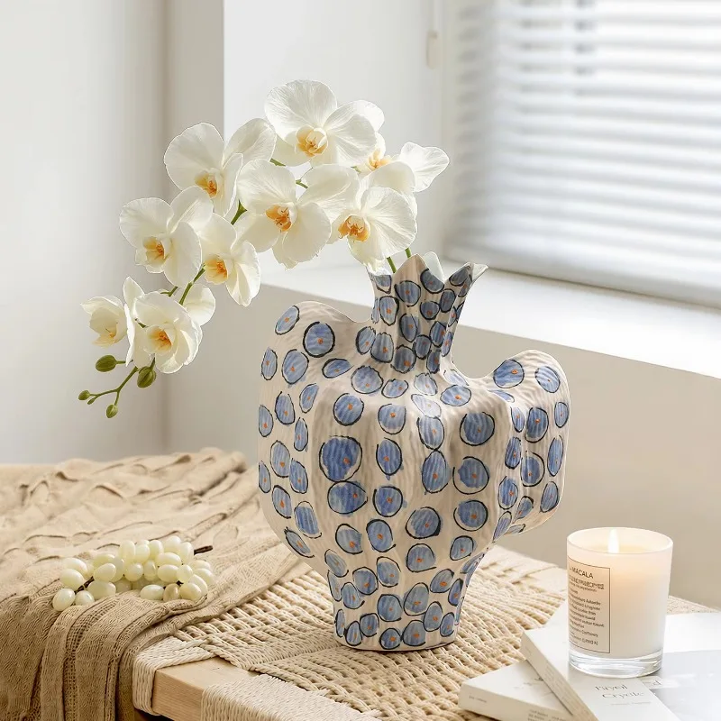 Irregular Multi Lobe Floral Mouth Vessel Hand Drawn Blue Oval Dot Pattern Tabletop Dry Bloom Display Decor Craft Off White Base