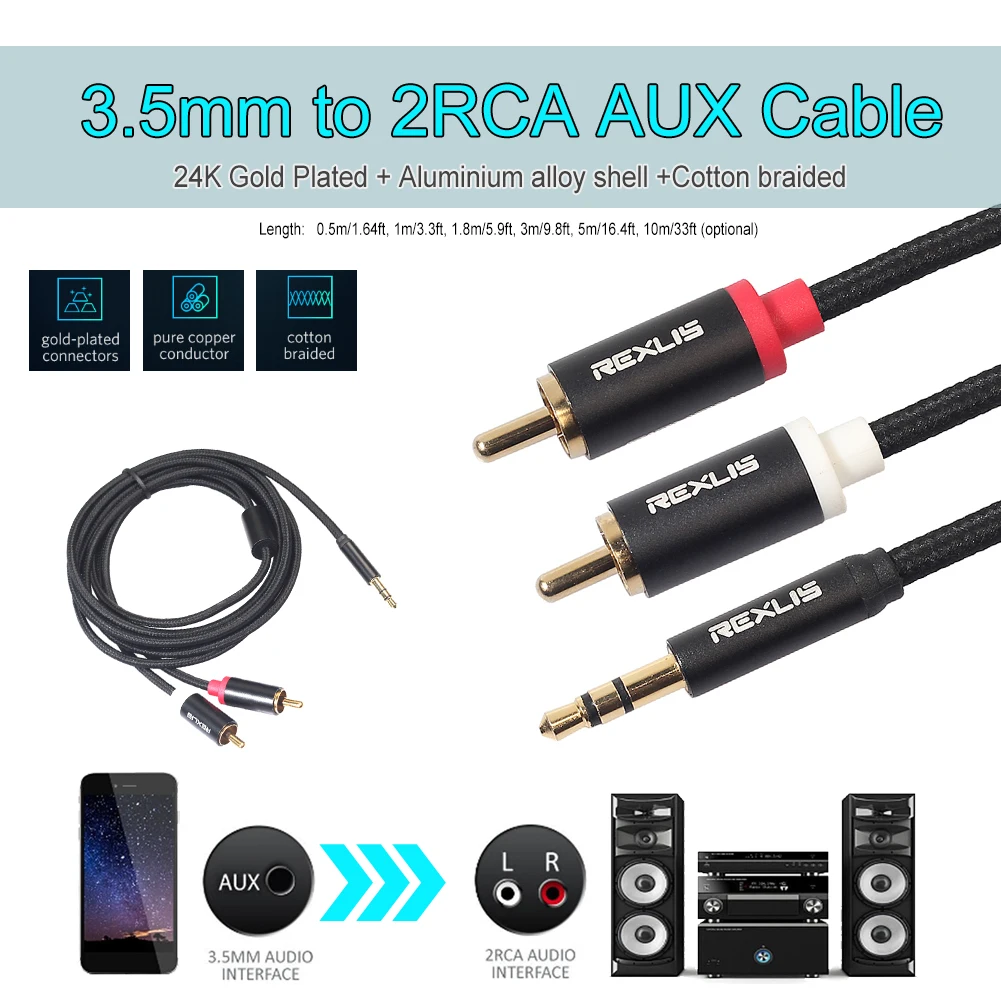 Trançado Aux Cabo para Home Theater Speaker, Jack, macho para 2 RCA, algodão, 3,5mm