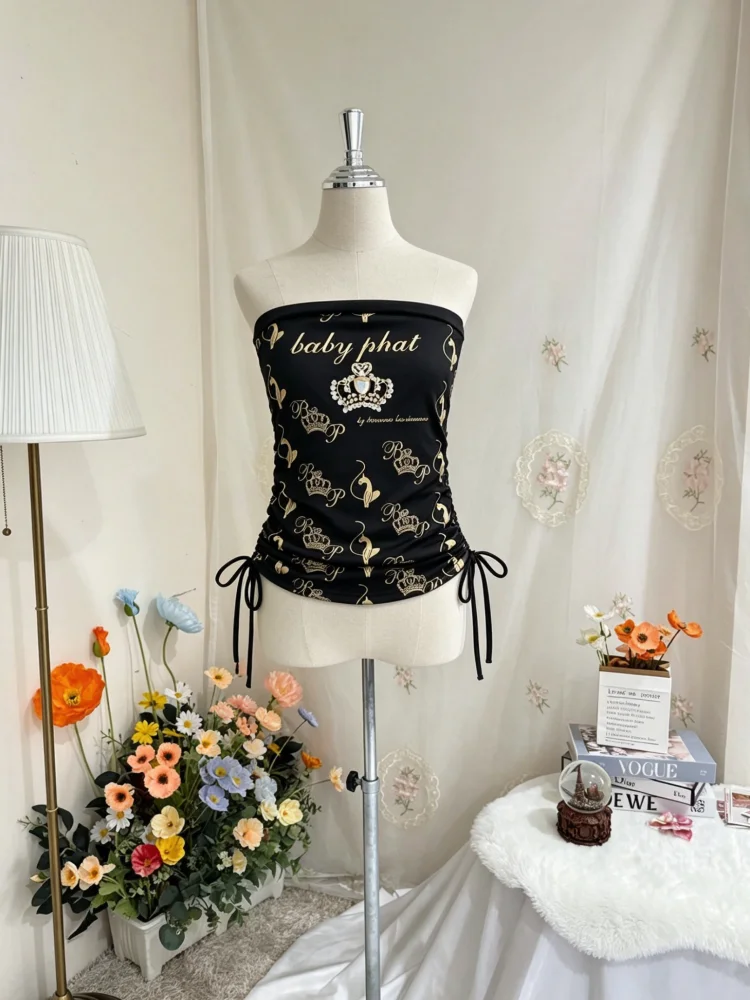 Black Gold Print Tube Top Women Rhinestone Crown Drawstring Bandeau
