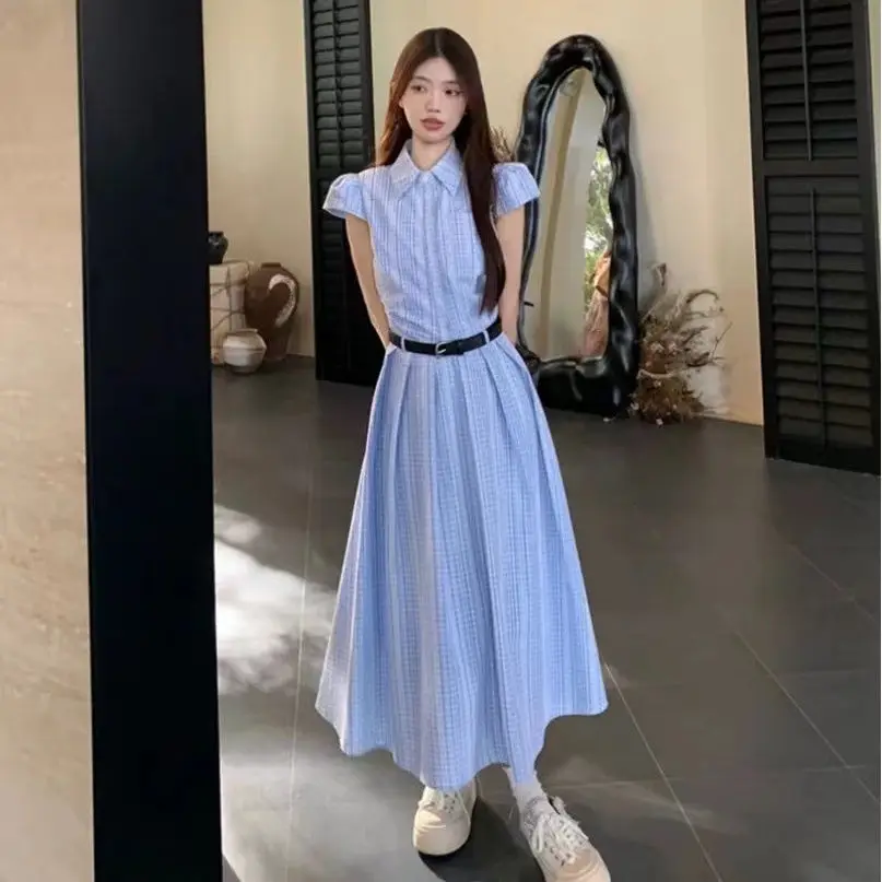 Abito da donna a righe blu manica corta con lacci volant streetwear Boho vacanza ufficio abiti da donna abiti estivi Vestido Wh39