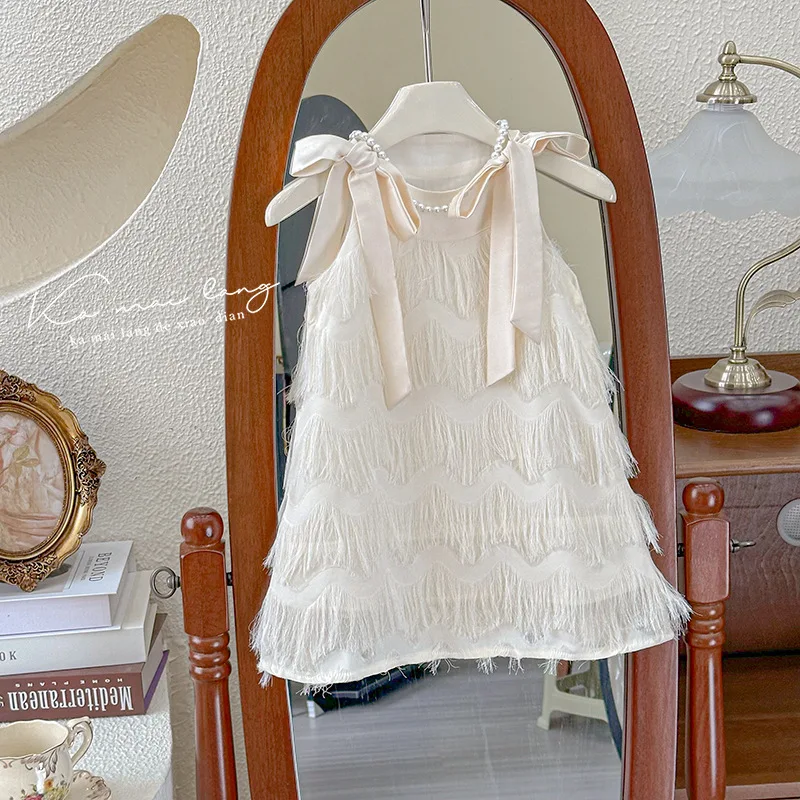 Girls Casual Dresses Fringe Bow Princess Dress Sleeveless Halter Dress for Kids White Princess Dress for Girls 2 To 7 Years