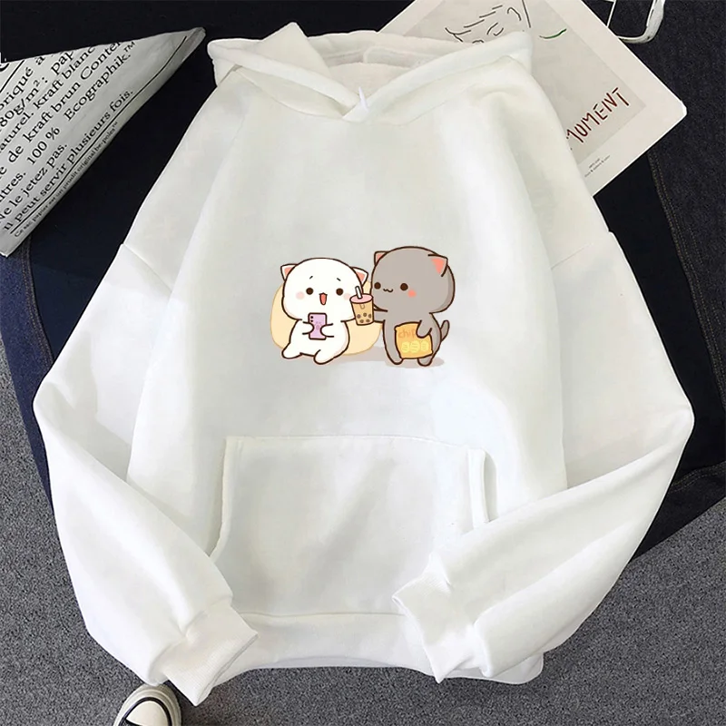 

Kawaii Peach and Goma Mochi Cat Drink Milk Tea Hoodie Couples Autumn and Winter Cartoon Sweatshirts Cute Girls Hoodies