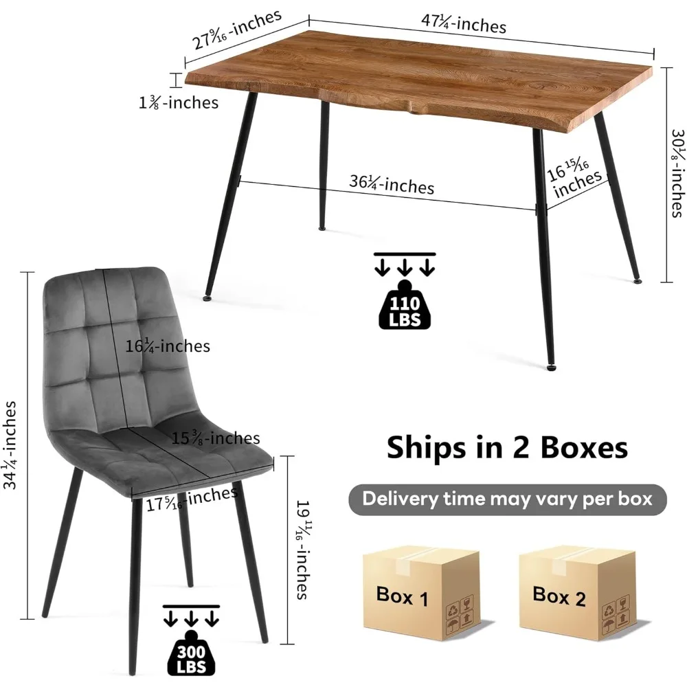 5-Piece Dining Table Set, 47 in Modern Kitchen Table & 4 Grey Velvet Upholstery Side Chairs, Metal Legs, Dining Room Sets